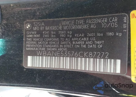 2006 BMW 525I from USA, damaged, VIN WBANE53576CK87272